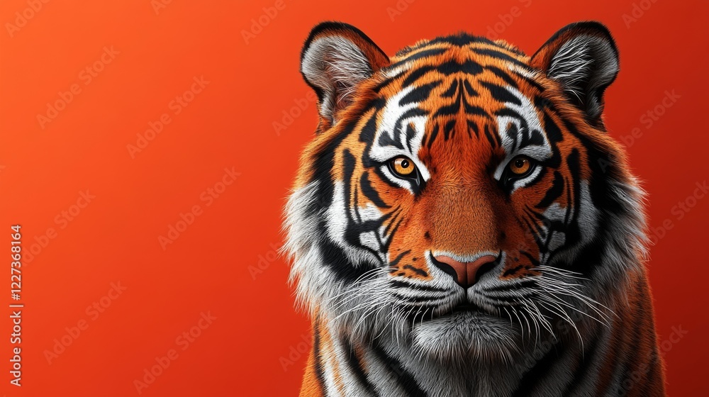 Majestic Tiger Portrait: Striking Orange Background Enhances Feline Beauty and Intensity Majestic Tiger Portrait: Striking Orange Background Enhances Feline Beauty and Intensity