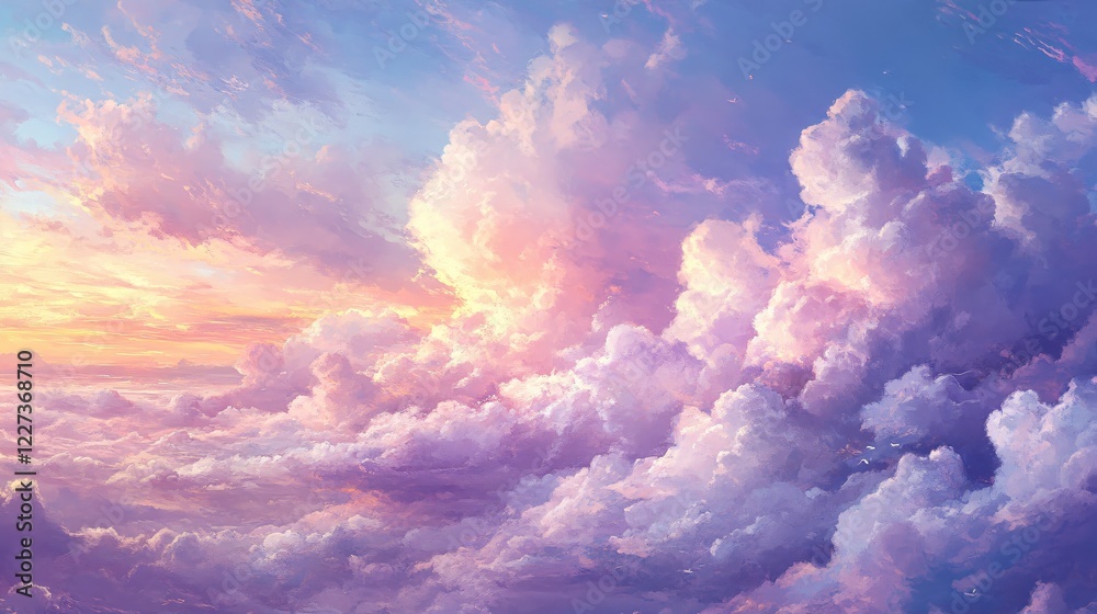 Painted Sky with Soft Clouds and Warm Light at Sunset or Sunrise with Flying Birds Painted Sky with Soft Clouds and Warm Light at Sunset or Sunrise with Flying Birds