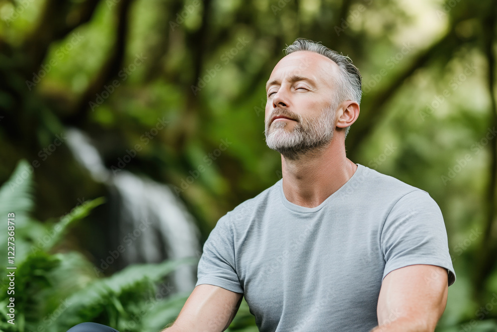 Man finding peace in nature near a tranquil waterfall surrounded by lush greenery Man finding peace in nature near a tranquil waterfall surrounded by lush greenery