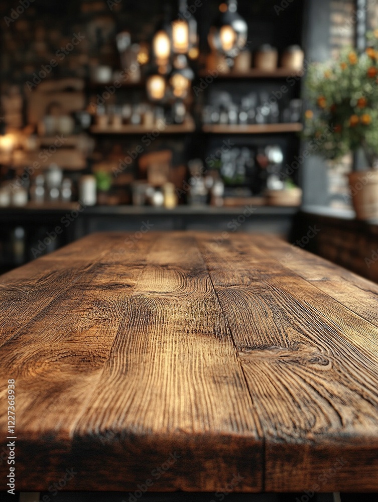 Empty wooden table in cafe with blurred background for product placement Empty wooden table in cafe with blurred background for product placement