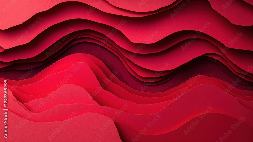 Red layered paper art with flowing wave shapes creating a textured and dimensional background Red layered paper art with flowing wave shapes creating a textured and dimensional background