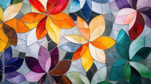 Colorful floral pattern with stained glass effect in various shades of red orange yellow and purple