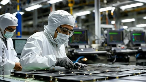 Wallpaper Mural Workers assemble electronic components in a cleanroom environment Torontodigital.ca