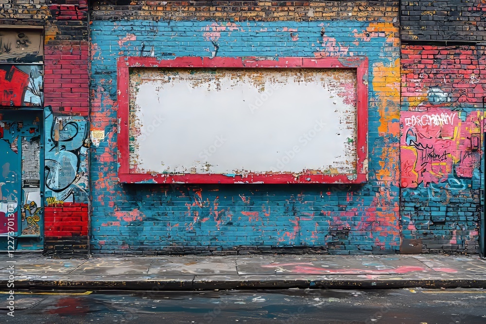 Naklejka premium An advertising poster blank for mockup purposes on a brick wall covered in graffiti paint