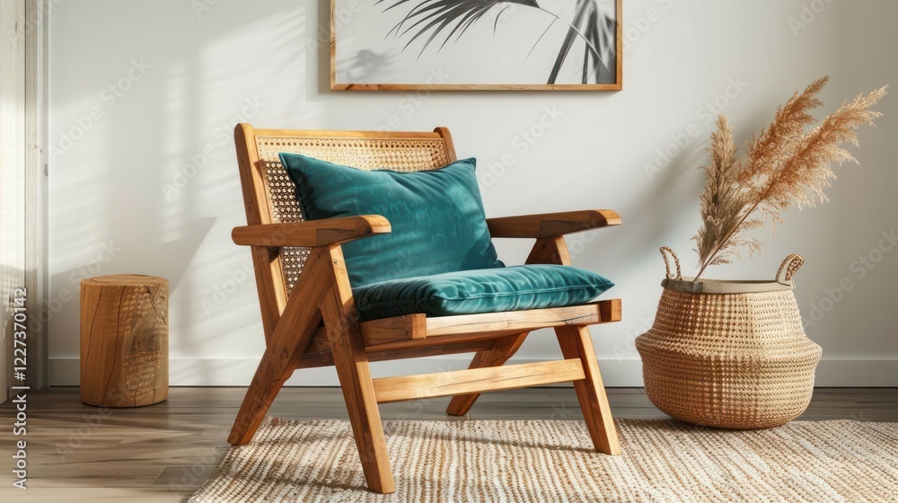 Fototapeta premium Cozy wooden chair with teal cushion in a bright, modern living room with decorative plants