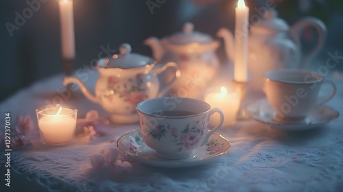 Elegant tea setting with candles and floral teaware creating a warm and inviting atmosphere photo