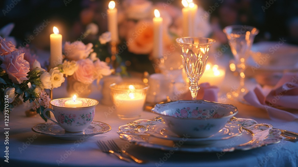 Romantic candlelit dinner table setting with floral china and soft glowing light Romantic candlelit dinner table setting with floral china and soft glowing light