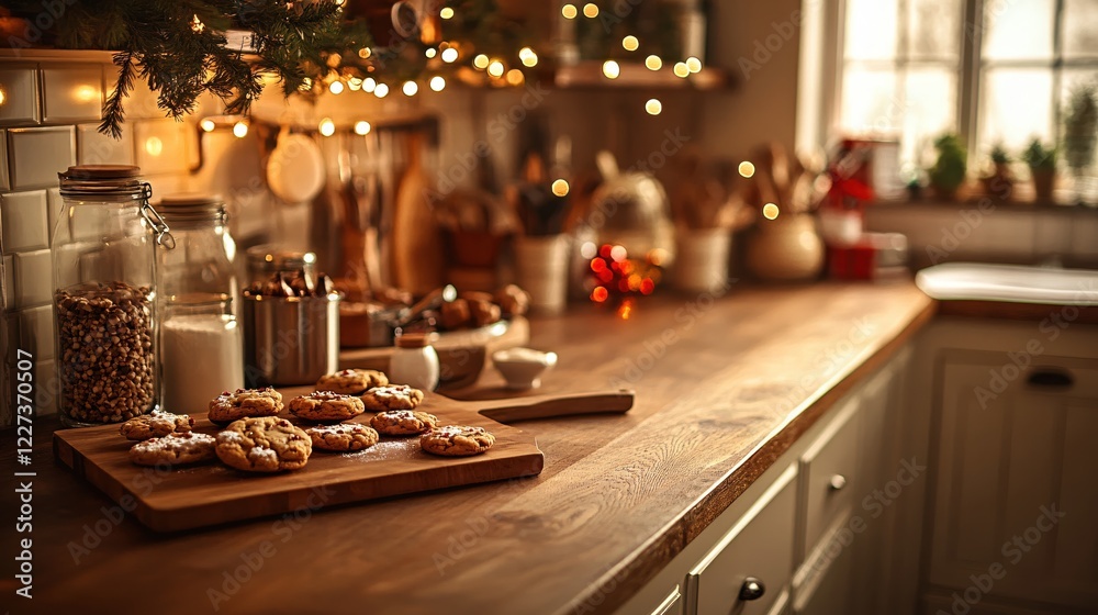 Festive kitchen with cookies on a wooden board and warm lights creating a cozy atmosphere Festive kitchen with cookies on a wooden board and warm lights creating a cozy atmosphere