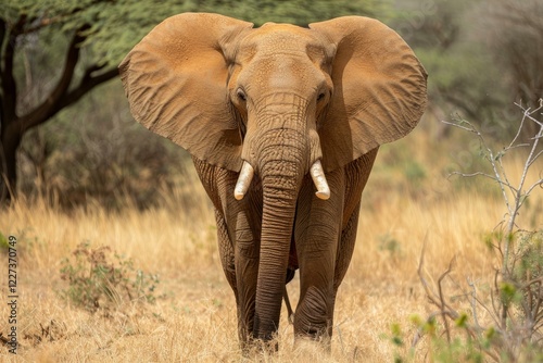 Large african elephant bull confidently walking through the dry grasslands of the savanna