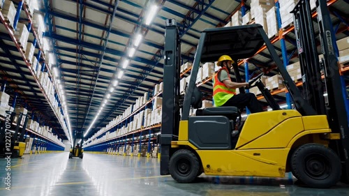 Forklifts operate in large warehouse during busy day of inventory management and organization