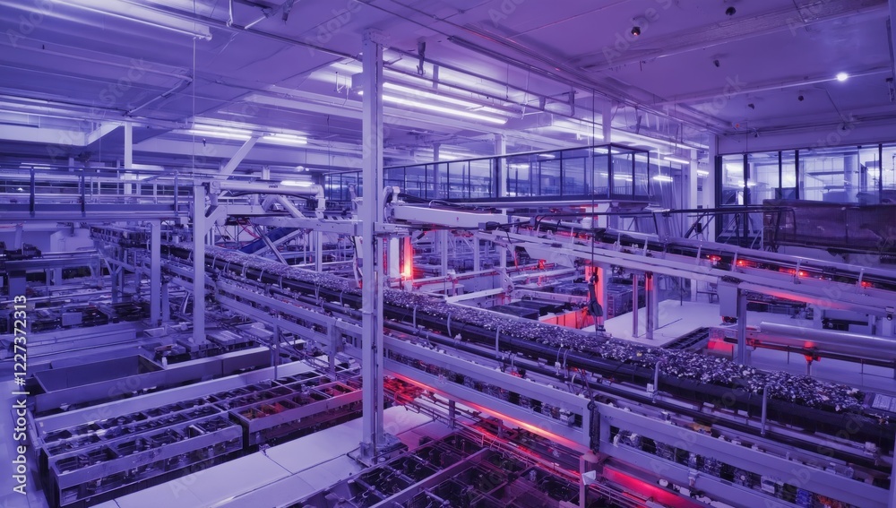 Fototapeta premium Automated sorting machines processing packages and letters at a large distribution warehouse using conveyor belts and advanced technology in a brightly lit industrial environment