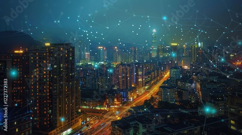 Wallpaper Mural Night cityscape illuminated by lights, showcasing urban life and digital connectivity Torontodigital.ca