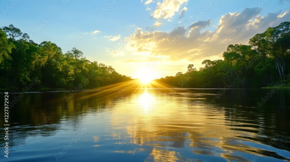 Obraz premium Serene Sunset over Calm River Water with Lush Green Trees
