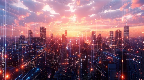 Wallpaper Mural Stunning sunset over a futuristic city skyline with digital overlays and vibrant colors Torontodigital.ca