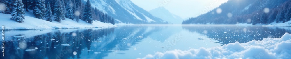 Fototapeta premium Snowflakes gently fall onto the icy surface of a blue lake, peaceful atmosphere, , watercolour painting