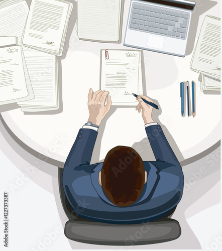 man top view bussines man in suit signing up contract paperwork messy papers on table list paper treaty document isolated on white background
