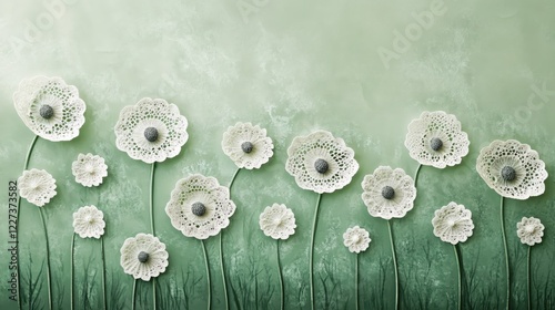 Delicate Crochet Flowers on Green Textured Background with Soft Light and Artistic Feel