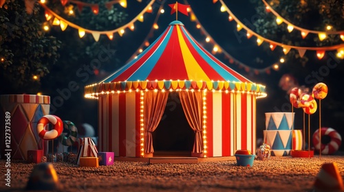 Colorful circus tent with lights and props at night creating a festive and magical atmosphere