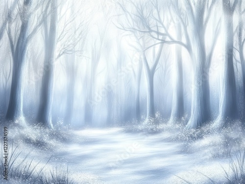 Winter forest path, snowy ground, misty trees, tranquil scene, background design