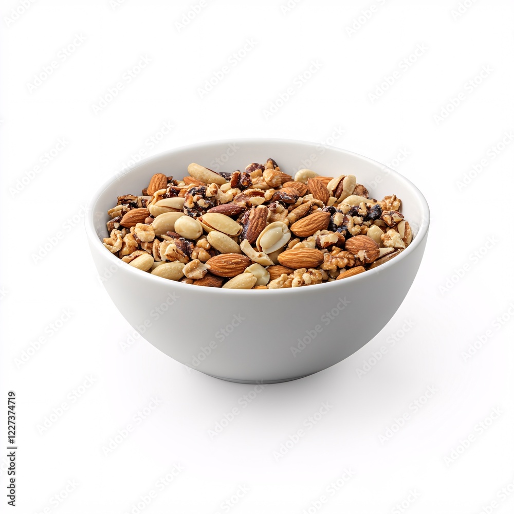 White Bowl Containing a Mix of Granola, Nuts, and Seeds on a Clean White Background White Bowl Containing a Mix of Granola, Nuts, and Seeds on a Clean White Background