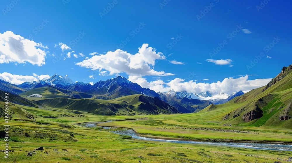 A beautiful green field with a majestic mountain, a clear river and a vast sky in the background. The idyllic and serene natural scenery creates a peaceful and charming atmosphere. A beautiful green field with a majestic mountain, a clear river and a vast sky in the background. The idyllic and serene natural scenery creates a peaceful and charming atmosphere.