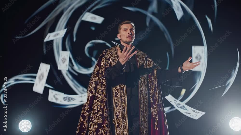 Magician performs mesmerizing card tricks with captivating visual effects in a dimly lit theater