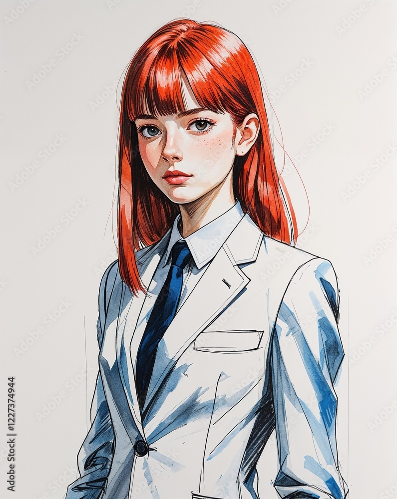 teen female calm straight red hair formal suit watercolor anime style illustration on plain white background