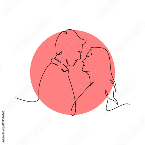 Continuous line art of a couple gazing at each other, encircled by a vibrant coral backdrop. Minimalist and romantic.
