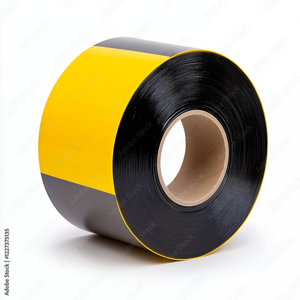 Bright Yellow and Black Striped Tape Roll on White Background: Industrial Safety Material