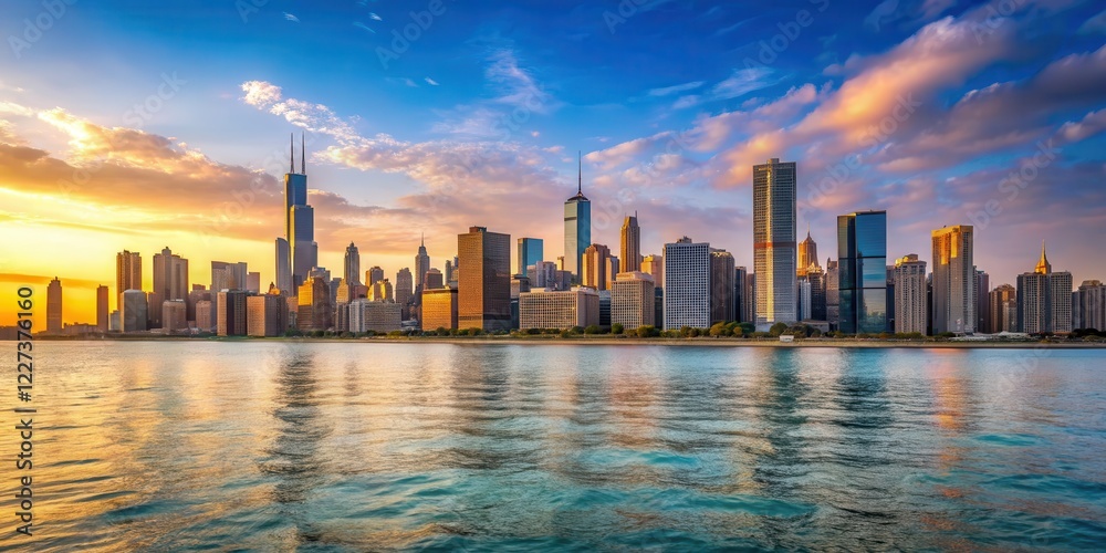 Fototapeta premium Panoramic view of Chicago skyline at sunset with Lake Michigan , architecture, urban landscape