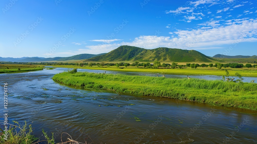 A beautiful green field with a majestic mountain, a clear river and a vast sky in the background. The idyllic and serene natural scenery creates a peaceful and charming atmosphere. A beautiful green field with a majestic mountain, a clear river and a vast sky in the background. The idyllic and serene natural scenery creates a peaceful and charming atmosphere.