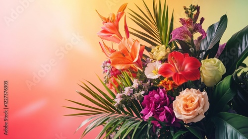 Wallpaper Mural Vibrant floral arrangement with tropical leaves on a soft gradient background of yellow and pink Torontodigital.ca
