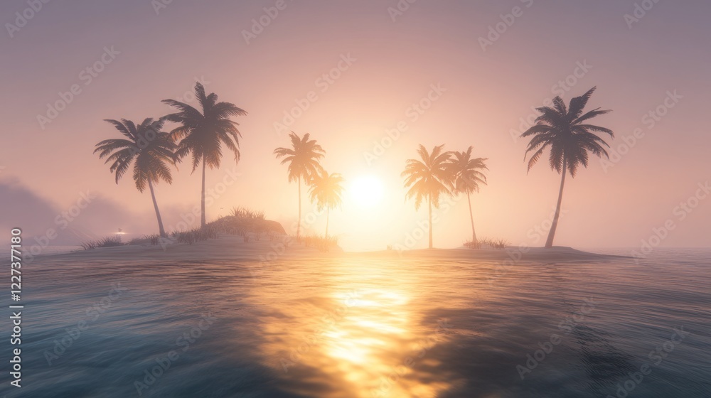 Obraz premium Serene Sunset Over Tropical Island Palm Trees