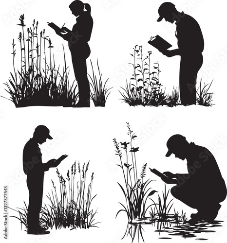 Silhouette of a person surveying wetland plants with a clipboard vector silhouette