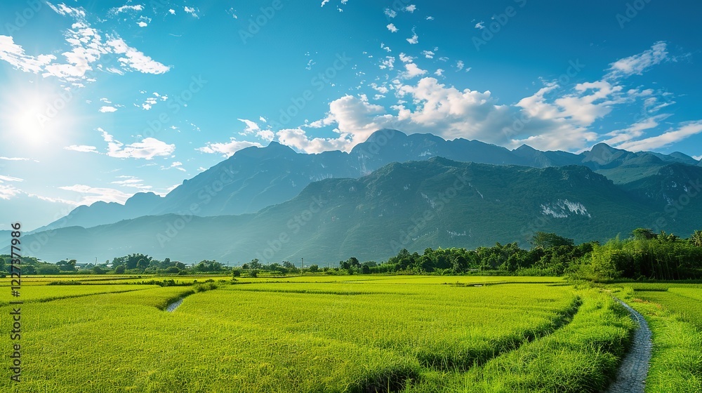 Obraz premium A beautiful green field with a majestic mountain, a clear river and a vast sky in the background. The idyllic and serene natural scenery creates a peaceful and charming atmosphere.