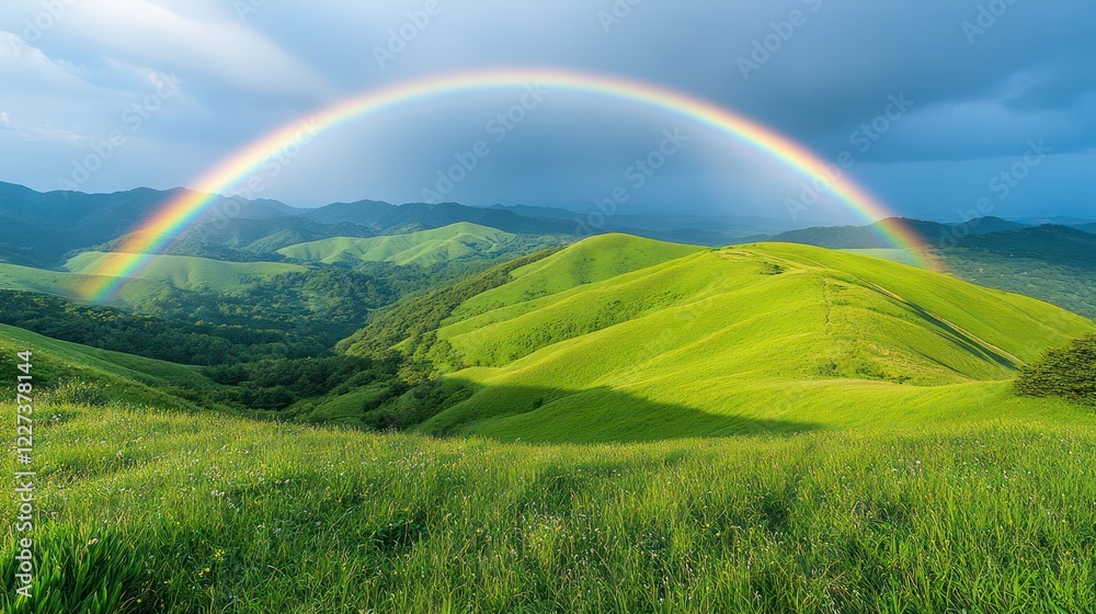 Rainbow over Lush Green Mountains: A Breathtaking Landscape Rainbow over Lush Green Mountains: A Breathtaking Landscape