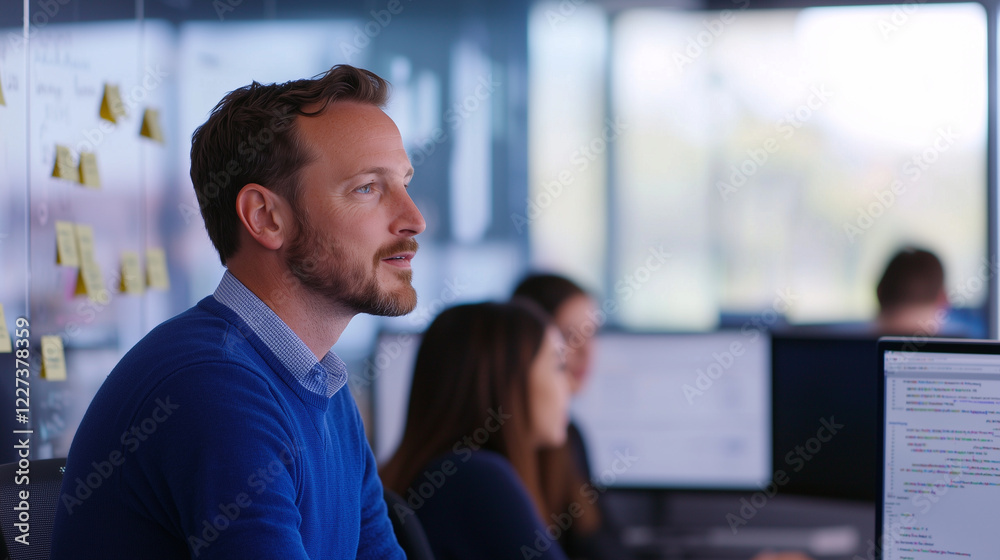Collaborative IT Workspace with Diverse Team Engaged in Discussion