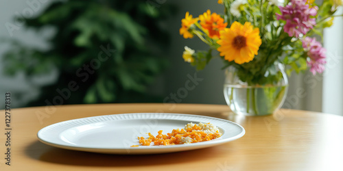 White Plate with Orange and Off-White Food Remnants and Flower Arrangement photo