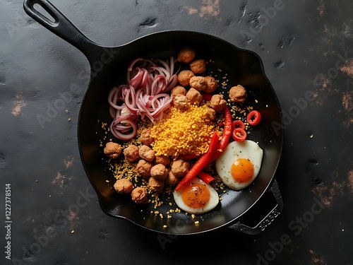 Minimalistic setup of a cast iron skillet with cooking ingredients photo