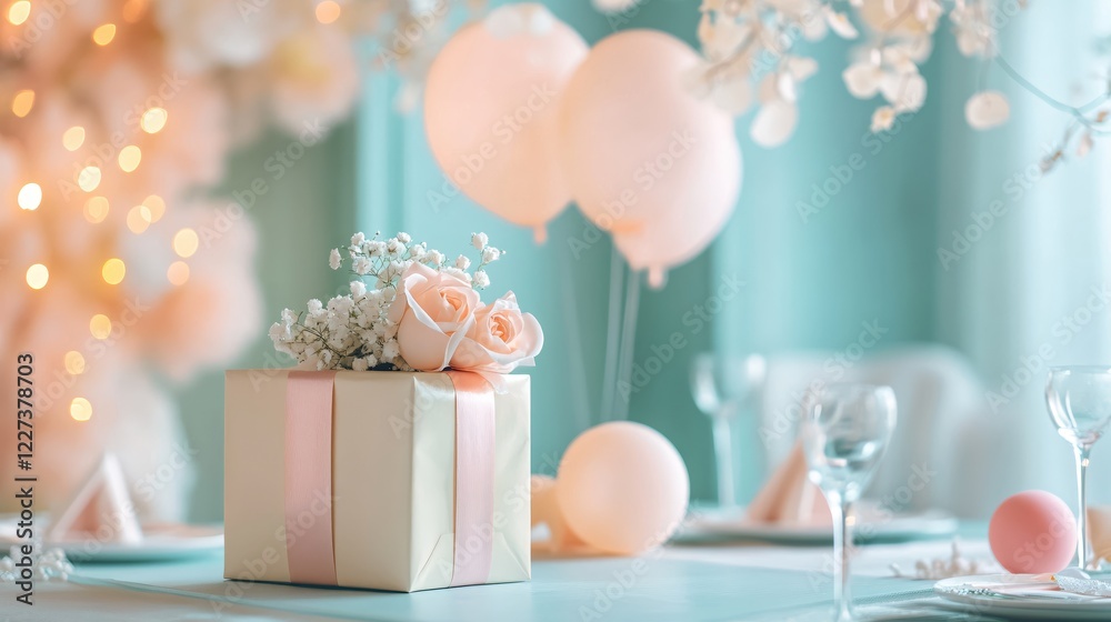 Elegant gift box with roses and balloons on table set for celebration in soft light setting