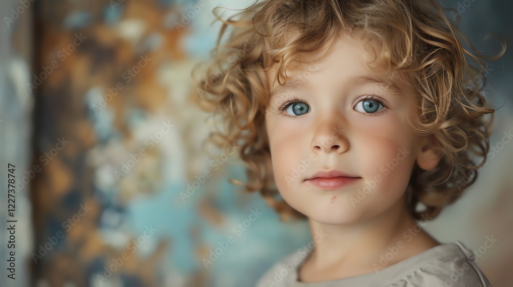 A close-up portrait of a young boy with curly blond hair and blue eyes looking intently at the camera. A close-up portrait of a young boy with curly blond hair and blue eyes looking intently at the camera.