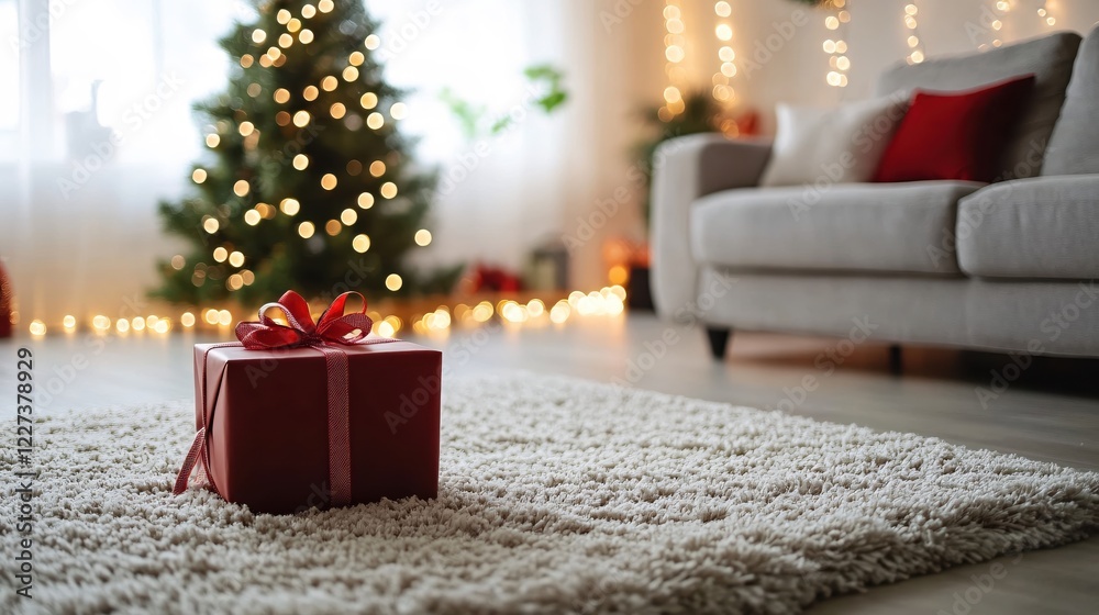 Red gift box on carpet with christmas tree and lights in background holiday season scene Red gift box on carpet with christmas tree and lights in background holiday season scene