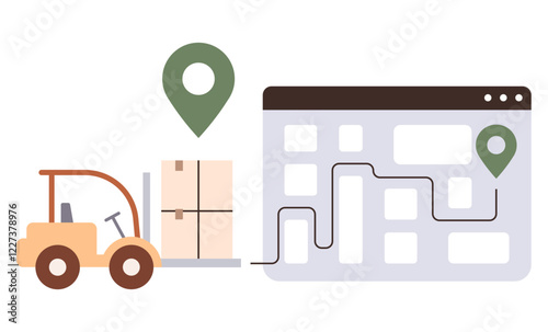 Forklift carrying stacked packages beside a location pin and digital map with a marked route. Ideal for logistics, delivery, supply chain, distribution, e-commerce, inventory, technology. Flat color