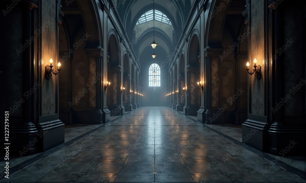 Fototapeta premium Interior View of a Grand Hallway with Archways and Wall Sconces