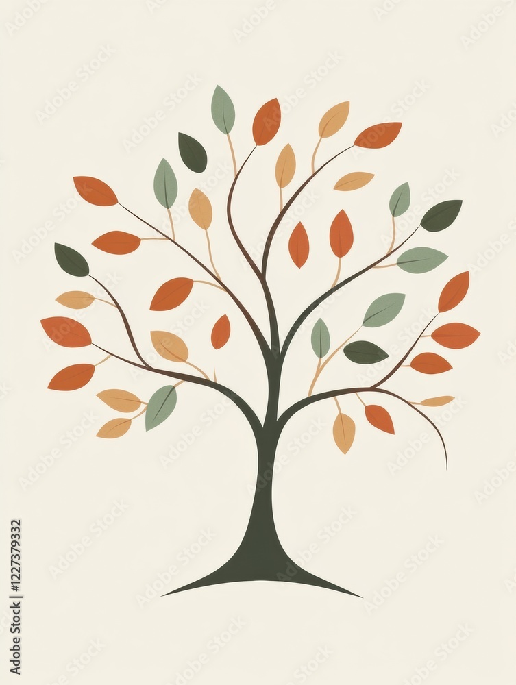 Obraz premium Stylized tree icon featuring colorful leaves and branches in warm autumn hues for creative projects and designs. Generative AI