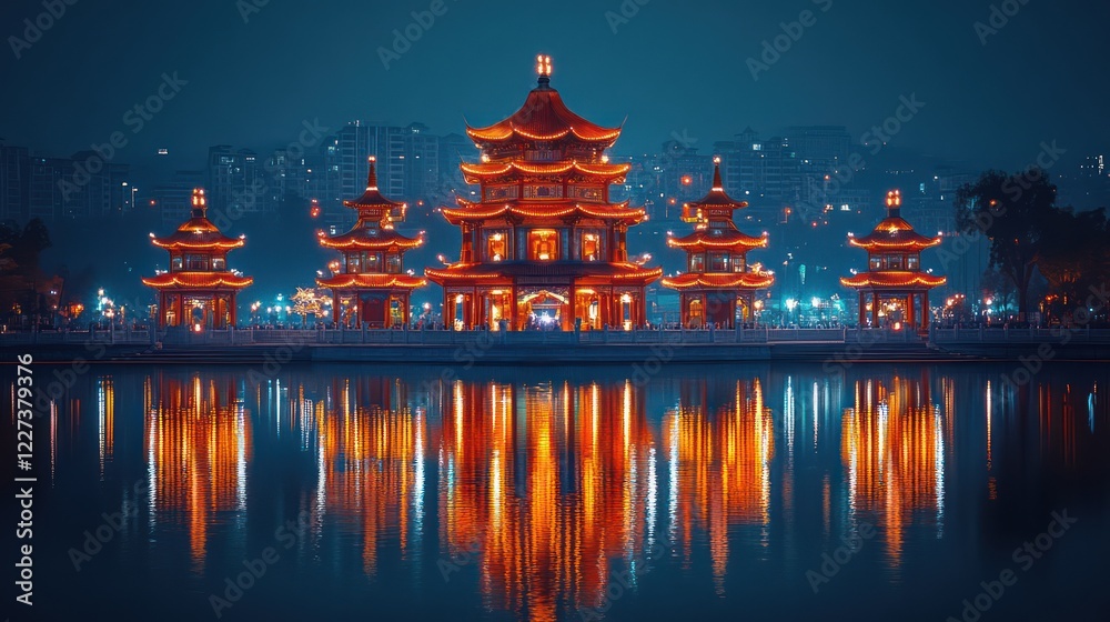 Fototapeta premium Night Lights of Dragon and Tiger Pagodas, Kaohsiung