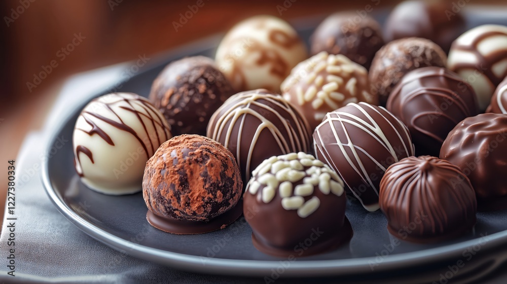 Assorted chocolate truffles on a gray plate with various toppings and decorations delicious treat Assorted chocolate truffles on a gray plate with various toppings and decorations delicious treat