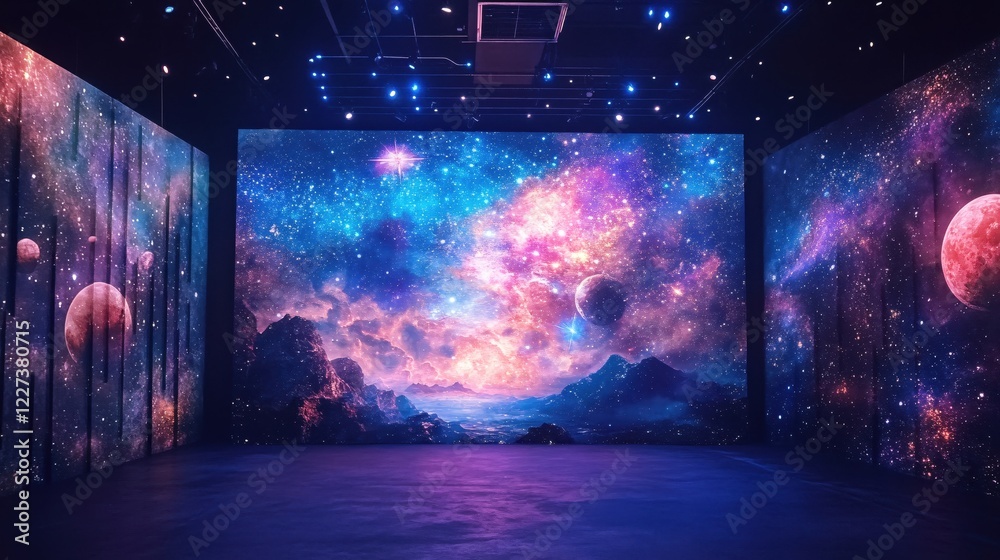 Obraz premium Immersive Space Display with Cosmic Scenery on Large Screens in Dark Room with Blue Floor