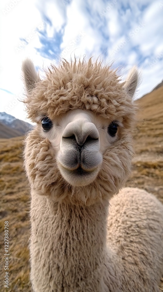 Obraz premium HD Phone Wallpaper Adorable Fluffy Alpaca Close Up Portrait in Mountain Pasture