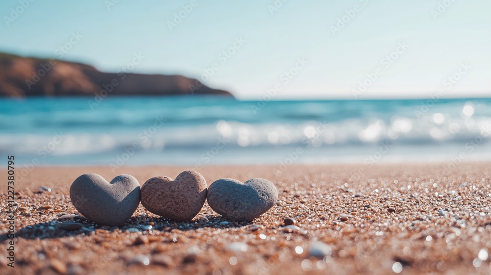 Three heart shaped stones on a sandy beach with a blurred ocean and sky background Three heart shaped stones on a sandy beach with a blurred ocean and sky background